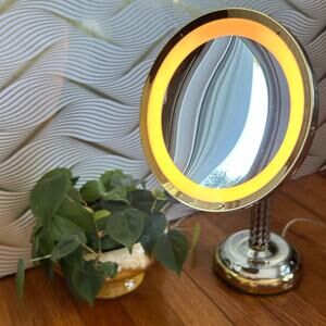 Vintage Cane & Reed Round Lighted Adjustable Make-Up Mirror with Twisted Stem